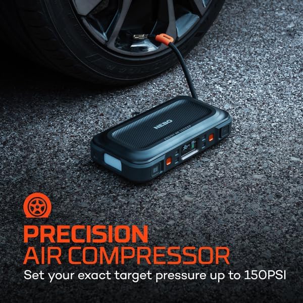 NEBO Assist 1500A Jump Starter & Air Compressor | 1500 Peak Amps, 44.4Wh Portable Car Jump Box for 12V Vehicles & Tire Inflator with Auto Shut-Off, Spark-Proof, USB-C Power Bank, Emergency LED Light
