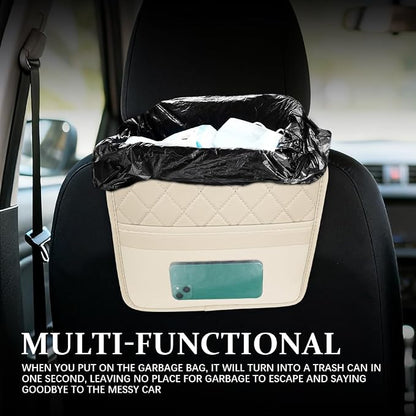Car Seat Back Organizer, Leather Backseat Hanging Storage Bag, Multipurpose Car Hanging Trash Bag with 2 Compartments, Car Large Capacity Pouch Pocket for Kids & Adults (Beige/Transparent Bag)