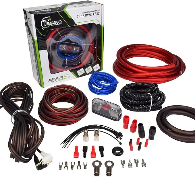 Timpano Amplifier Wiring Kit - 4 Gauge Amp Kit 2000 Watts Car Amplifier Installation CCA Cables Kit – 150 Amp Fuse Single Amp TPT-AMPKIT4 RED
