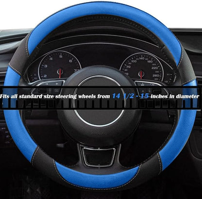 Black and Blue Microfiber Leather Steering Wheel Cover，Universal 15 inch Steering Wheel Covers for Car Truck SUV，Breathable, Anti Slip & Odor Free(Black+Blue)…
