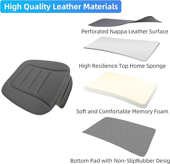 KAYI Car Seat Cushion, Comfort Memory Foam Car Cushions for Driving, Breathable Leather Surface with Anti Slip Rubber Bottom, Seat Cushion for Car and Office Chair (2 Pack, Grey)