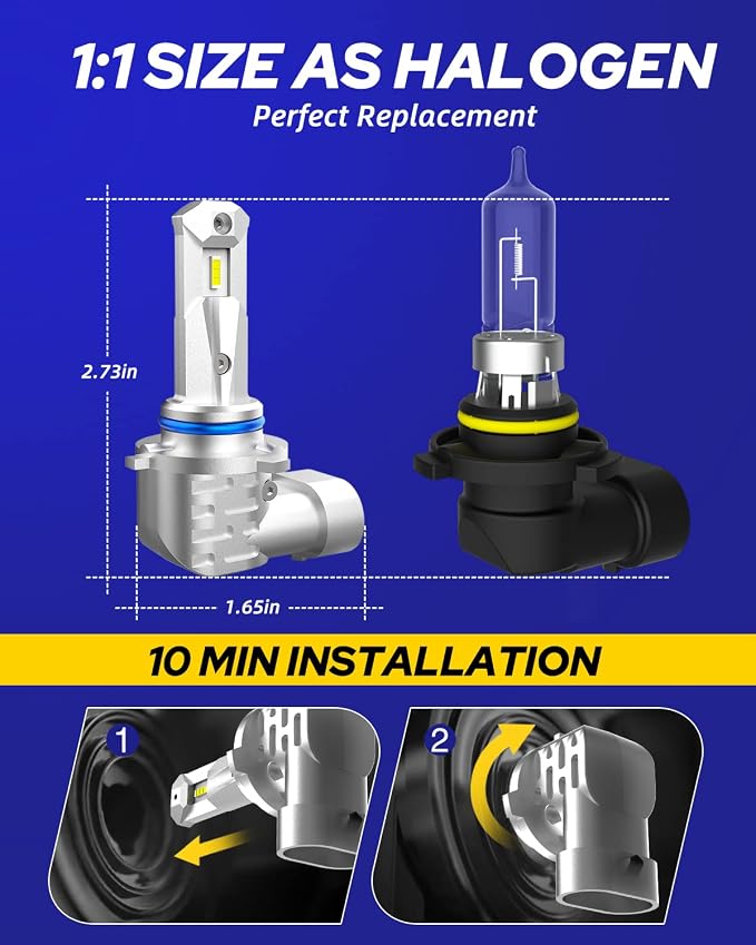 AUTOONE HB4/9006 Light Bulb Replacement 20,000LM 6000K, 5× Brighter, Mini 1:1 Form Factor, No-Wiring Plug-and-Play, Flicker-Free Canbus, 2-Pack