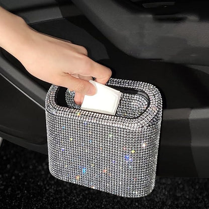 Bling Rhinestone Car Trash Can, Swing-Lid, Green, Plastic
