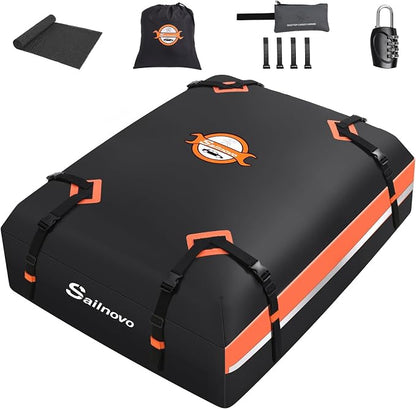 Sailnovo Car Rooftop Cargo Carrier 15 Cubic Feet, Waterproof 1000D PVC Car Roof Bag with Anti-Slip Mat, Combination Lock, Storage Bag, Door Hooks & Tie-Down Strap fit Vehicle with/Without Luggage Rack