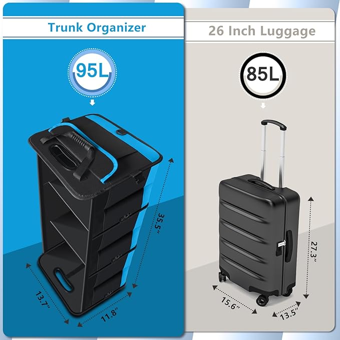 AOPHY Trunk Organizer for Car, Car Storage Organizer with 2 adjustable straps, 95L Large Capacity Cargo Organizer for Suv, Truck, Sedan, Waterproof Portable Car Organizers for Women Men（Blue）