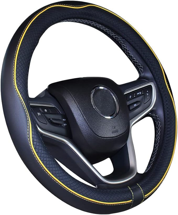 Mayco Bell Universal Standard Size Steering Wheel Cover Anti-Slip,Safety,Soft,Breathable,Durable,Full Surround,Comfortable Grip Microfiber Leather (14.5-15 inch,Black Yellow)