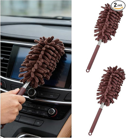 Zpana 2PCS Car Interior Duster with Extension Pole, Soft Chenille Retractable Washable Dash Detailing Cleaner, Auto Window Cleaning Brush Duster for Interior Exterior, Universal Fit (Coffee)