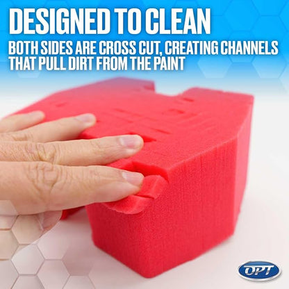 Optimum Big Red Sponge 2.0 Better Grip and Access Tight Spaces - Safe for All Paint Types, Use for Rinseless Car Wash and Car Wash Soap, Made in USA