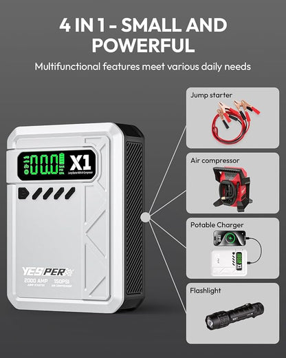 YESPER Jump Starter with Air Compressor 2000A 150PSI Battery Jumper Starter Portable(8L Gas/6L Diesel), 12V Car Jump Pack Battery Charger Jump Box with Jumper Cables, LCD Display, Lights(Grey)