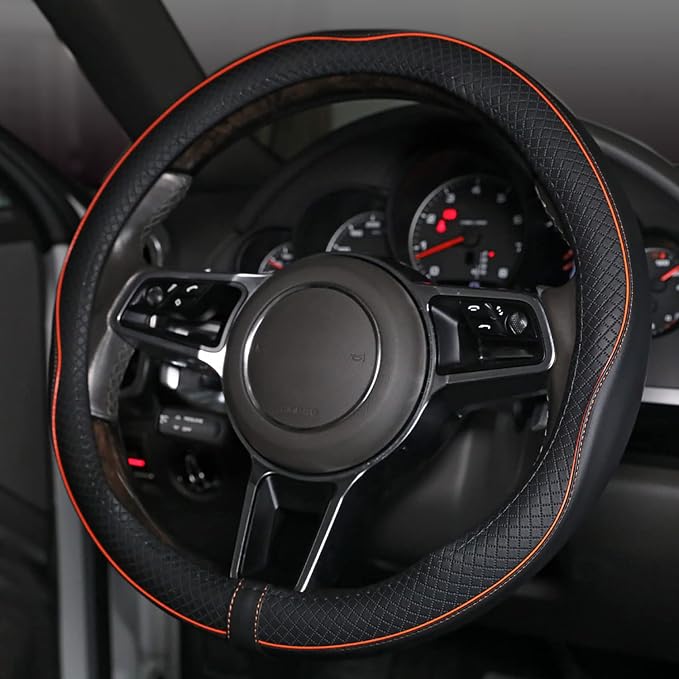 Car Steering Wheel Cover, Anti-Slip, Safety, Soft, Breathable, Heavy Duty, Thick, Full Surround, Sports Style (Black with Light Orange Line)