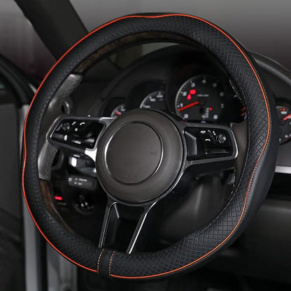 Car Steering Wheel Cover, Anti-Slip, Safety, Soft, Breathable, Heavy Duty, Thick, Full Surround, Sports Style (Black with Light Orange Line)