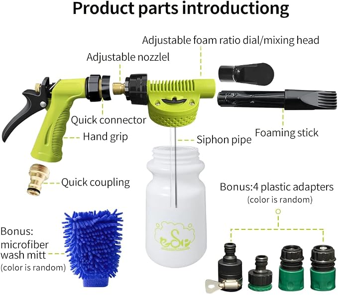 ESP Car Wash Foam Gun for Garden Hose Adjustable Hose Wash Sprayer Thick Filtration with Metal Handle Washing Mitts 6 Levels of Foam Concentration Snow Foam Blaster Quick Connector to Any Cleaning