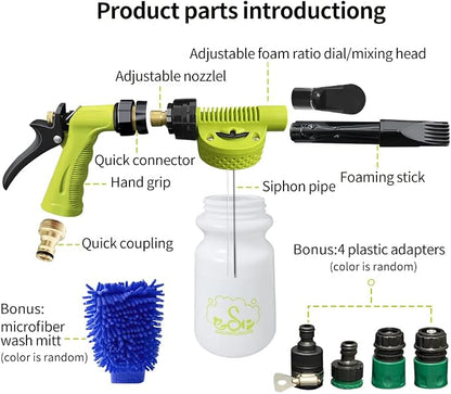 ESP Car Wash Foam Gun for Garden Hose Adjustable Hose Wash Sprayer Thick Filtration with Metal Handle Washing Mitts 6 Levels of Foam Concentration Snow Foam Blaster Quick Connector to Any Cleaning