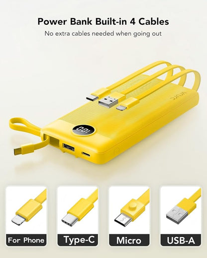 VRURC Portable Charger, Built-in 4 Cables Portable Phone Charger 10000mAh | Lightweight Power Bank with 5 Output 2 Input Compatible with Smart Phones,Samsung,Android etc-Yellow(1 Pack)