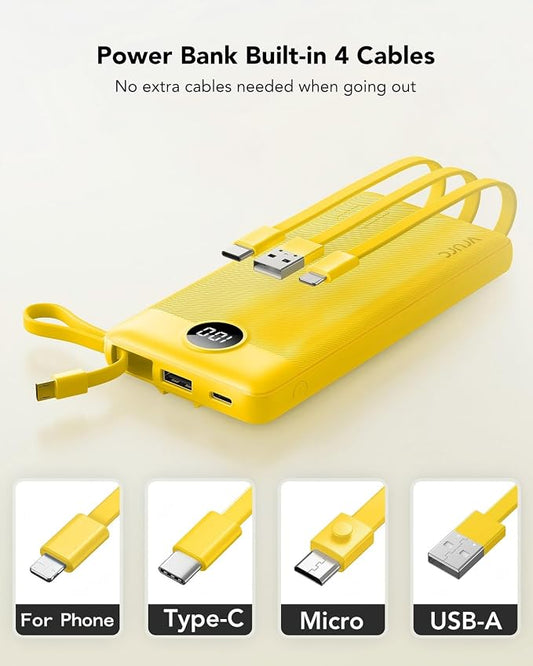 VRURC Portable Charger, Built-in 4 Cables Portable Phone Charger 10000mAh | Lightweight Power Bank with 5 Output 2 Input Compatible with Smart Phones,Samsung,Android etc-Yellow(1 Pack)