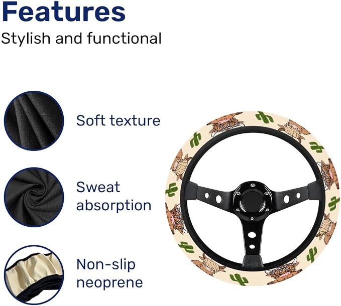 GENANY Cute Highland Cow Steering Wheel Cover, Non Slip Polyester Car Wheel Protector for Car SUV Truck, Universal 15 Inch