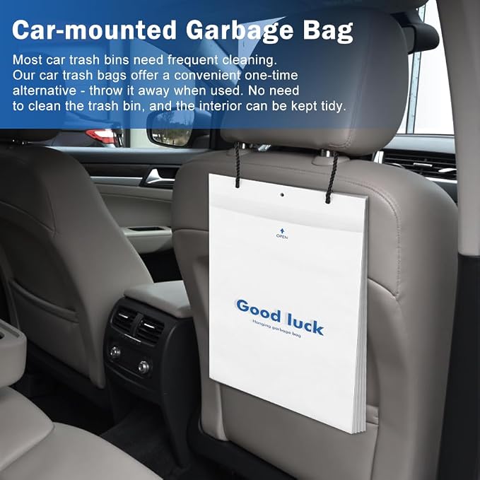 100 PCS Disposable Car Trash Bags Hanging, Leak-proof, Odor Seal, Hanging Garbage Bags, Hanging from Headrest/Easy Stick-On Trash Can for Car, SUV, Truck, Stroller Camping(White)