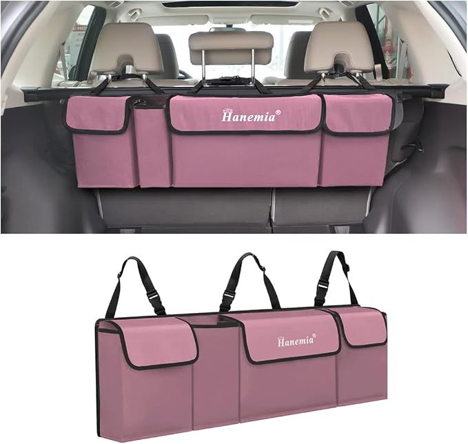 Car Trunk Organizer, Backseat Hanging Storage with 4 Large Pockets, Collapsible Cargo Bag with Adjustable Straps Frees Trunk Floor, Sturdy Space Saving Expert for SUV, Truck, Van (Pink)