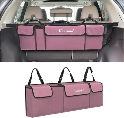 Car Trunk Organizer, Backseat Hanging Storage with 4 Large Pockets, Collapsible Cargo Bag with Adjustable Straps Frees Trunk Floor, Sturdy Space Saving Expert for SUV, Truck, Van (Pink)