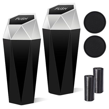 Car Trash Can with Lid, 2 Pack Diamond Design Mini Cup Holder Trash Can for Car, Office, Home Use, Silver