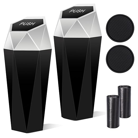 Car Trash Can with Lid, 2 Pack Diamond Design Mini Cup Holder Trash Can for Car, Office, Home Use, Silver