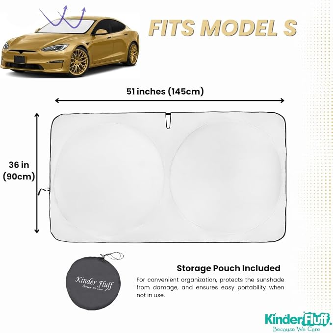 Windshield Sun Shade Compatible for Tesla Model S | Certified 99.87% UVB & 99.02% UVA Car Sun Shade. Award Winning Sunshade - Patented Technology | Car Shades by Kinder Fluff