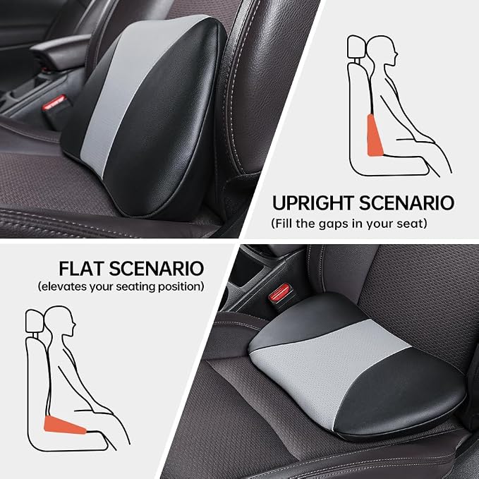 1p Memory Foam Lumbar Support Pillow for car Lower Back Pain Relief - Back Cushion for Driving, Chair Support for Car-Office Chair（Black&Grey）