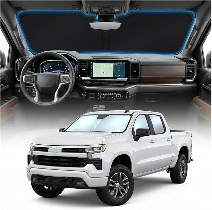 for Chevy Silverado 1500 Sun Shade Windshield Cover - Custom Fit Silverado 1500 Accessories 2019-2025 2026 Sunshade Foldable UV Protection & Heat Shield Sun Visor Accessories
