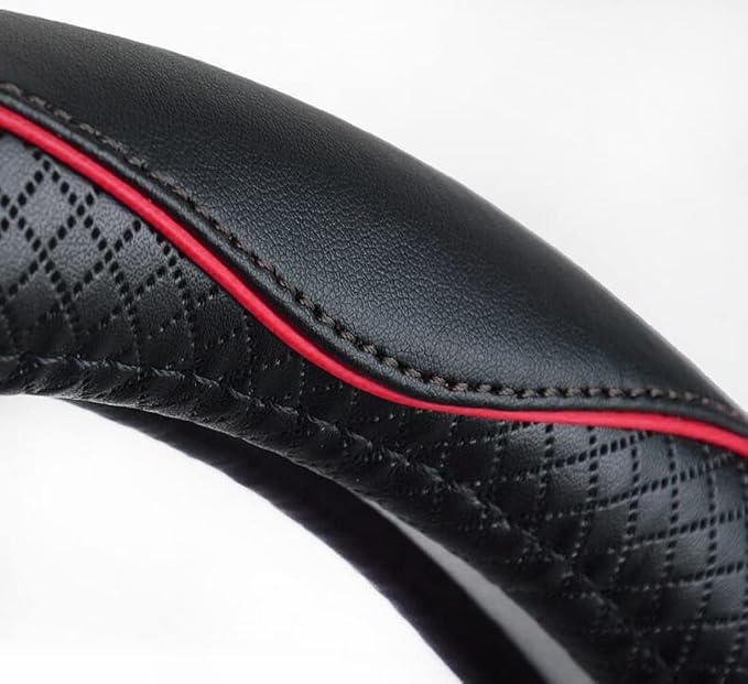 Microfiber Leather Car Steering Wheel Cover, Soft Padding, Durable, No Smell, Universal 15 Inch Steering Cover, Anti-Slip Embossing Pattern A, Black with Red Line