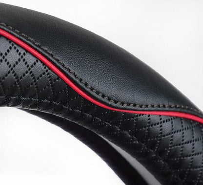 Microfiber Leather Car Steering Wheel Cover, Soft Padding, Durable, No Smell, Universal 15 Inch Steering Cover, Anti-Slip Embossing Pattern A, Black with Red Line