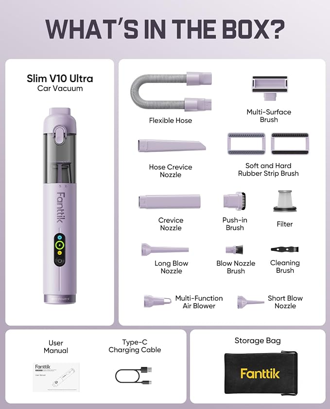 Fanttik Slim V10 Ultra Cordless Car Vacuum, 4-in-1 Portable Mini Vacuum with 19kPa Suction, Freely Combinable Accessories, 2 Suction Modes, Handheld Vac for Car, Small Jobs, Keyboard, Office (Purple)