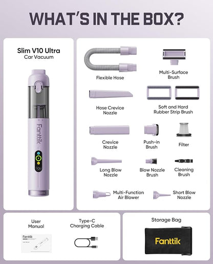 Fanttik Slim V10 Ultra Cordless Car Vacuum, 4-in-1 Portable Mini Vacuum with 19kPa Suction, Freely Combinable Accessories, 2 Suction Modes, Handheld Vac for Car, Small Jobs, Keyboard, Office (Purple)