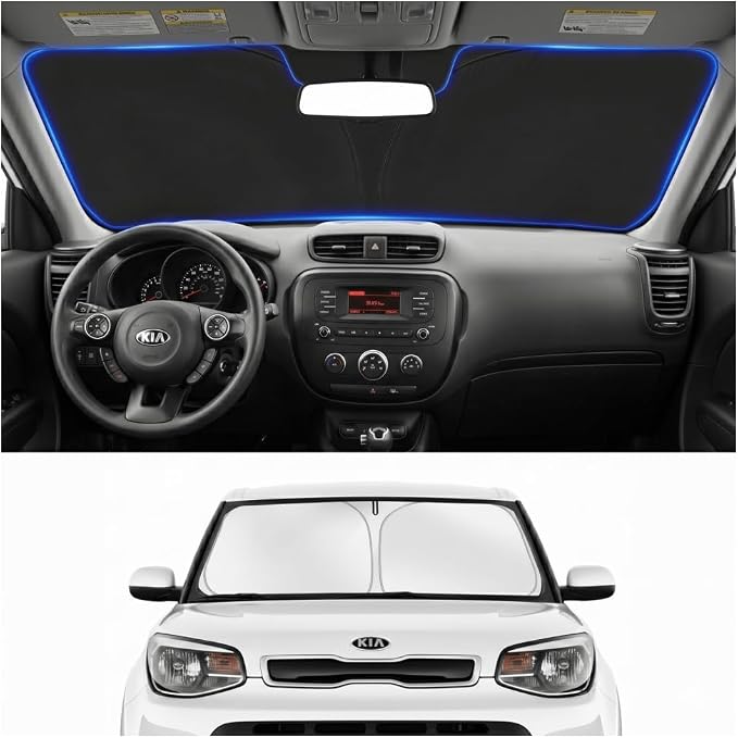 Custom Fit Windshield Sun Shade for Kia Soul Base 2014-2019 | Custom Fit Windshield Cover, Blocks UV Rays, Double-Layer Heat Shield, Durable Frame, Easy Fold & Storage