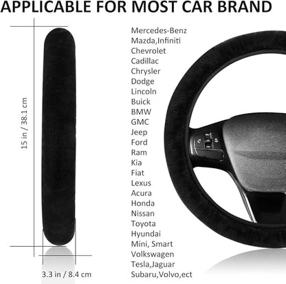 Fluffy Steering Wheel Cover for Women Girls, Accmor Universal Fit 15 inch Fur Car Wheel Cover & Handbrake Cover & Gear Shift Cover Set, Fashion Winter Warm Fuzzy Vehicle Wheel Protector (Black)