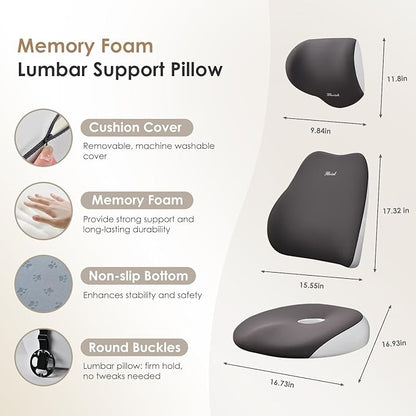 FLORICH Car Seat Cushion & Lumbar Support Pillow & Car Neck Pillow, Ergonomic Memory Foam Driving Seat Cushion for Back & Sciatica Pain Relief, Non-Slip Washable Cushion for Car, Driver, Office-Gray