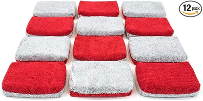 Autofiber [Saver Applicator Terry] Ceramic Coating Applicator Sponge | 12 Pack | with Plastic Barrier to Reduce Product Waste. (Red/Gray, Thin)