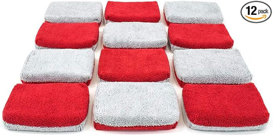 Autofiber [Saver Applicator Terry] Ceramic Coating Applicator Sponge | 12 Pack | with Plastic Barrier to Reduce Product Waste. (Red/Gray, Thin)