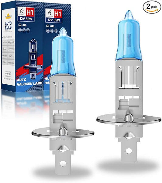 H1 Halogen Headlight Bulbs, Standard High Beam or Low Beam or Fog Light Bulb, DC 12V 55W 5000K,4000 Lumens,White Headlight Bulbs,Head Light Bulbs for Car,High Brightness Headlight Bulb, Pack of 2