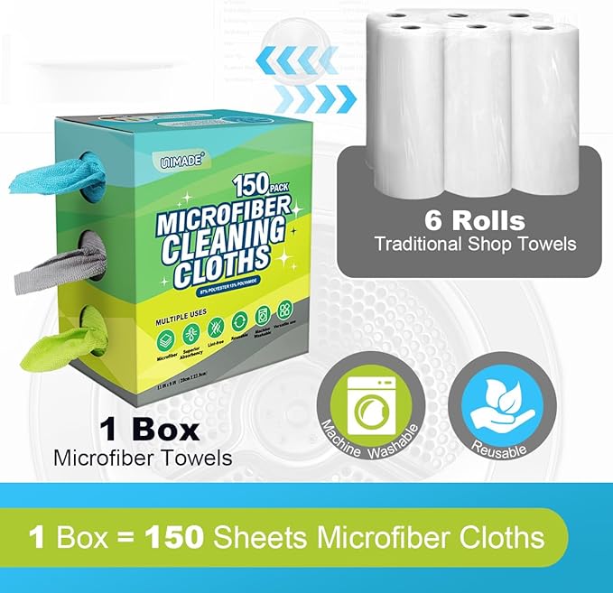UNIMADE Microfiber Cleaning Cloth, 150 Pack Reusable Paper Towels Microfiber Towels for Cars Lint Free Washable Tissues Shop Rags with Dispenser Box for Home Kitchen Automotive, 11"x 9", Multicolor