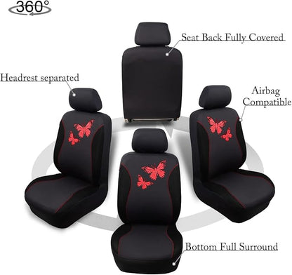 Flying Banner Butterfly car seat Covers ful Set Fashion Universal Lady Woman Female Rear Bench Split Colorized (Full Set, Red Black)