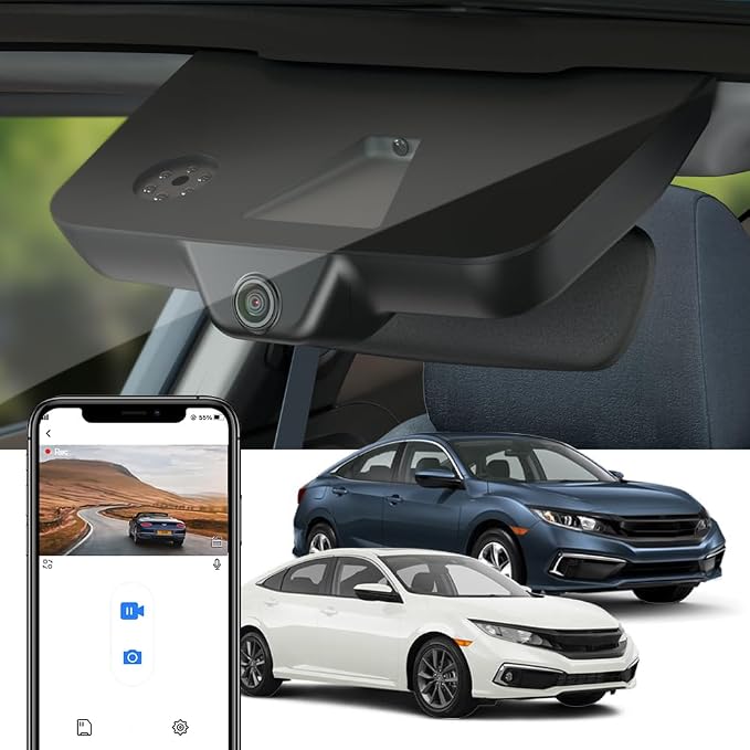 Fitcamx 4K Dash Cam Suitable for Honda Civic 2016-2021 & Insight 2019-2022 (with 8 Vents, HD2-0323), OEM Factory Look, UHD 2160P Video, Built-in WiFi & APP, Loop Recording, Gravity Sensor, 64GB Card