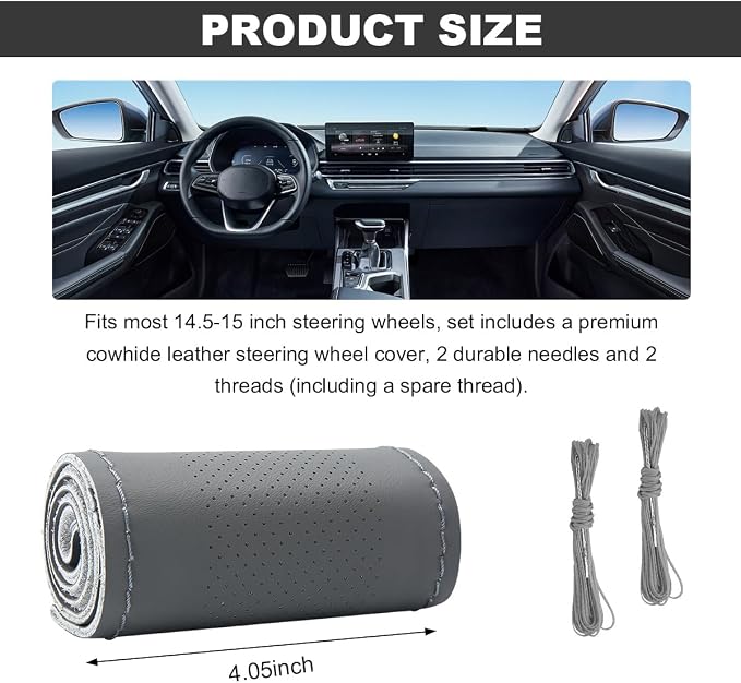 Wevdn Genuine Leather Steering Wheel Cover, Stitch on Wrap, DIY Sewing Steering Wheel Protector, 15 Inch Breathable Non-Slip Steering Wheel Protector, Car Accessories (Gray, Middle Hole)