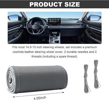 Wevdn Genuine Leather Steering Wheel Cover, Stitch on Wrap, DIY Sewing Steering Wheel Protector, 15 Inch Breathable Non-Slip Steering Wheel Protector, Car Accessories (Gray, Middle Hole)