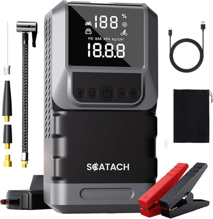 Jump Starter with Air Compressor, 6000A 150PSI Car Battery Jump Starter (10.0 Gas/8.0L Diesel) Battery Jumper Starter Portable 12V Jump Box with Jumper Cables, LED Light, LED Display