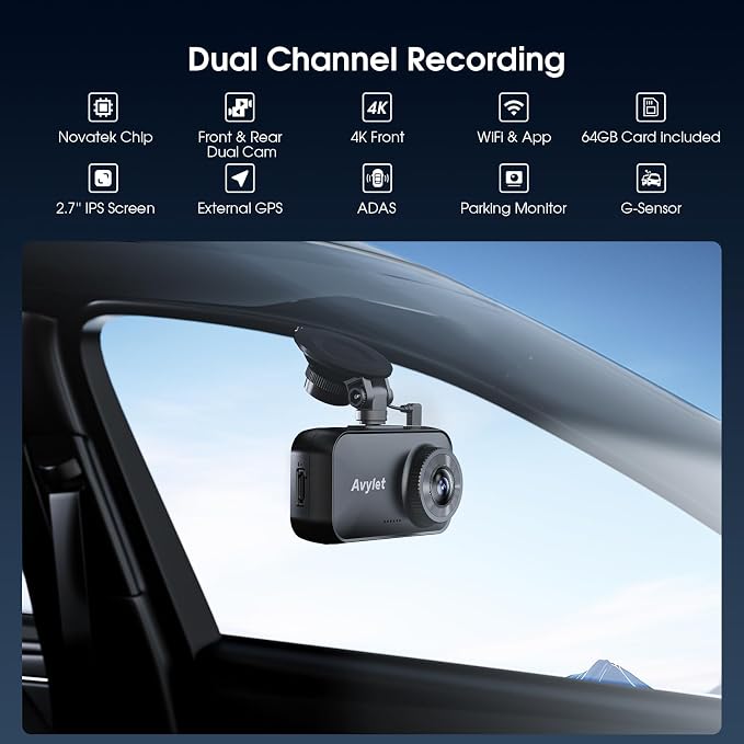 Avylet 4K/2.5K+1080P Dash Cam Front and Rear, 5G WiFi APP Dash Camera for Cars with 64GB Card, ADAS Lane Assist, 2.7”IPS Screen, Parking Mode, External GPS Module, Night Vision, G-Sensor