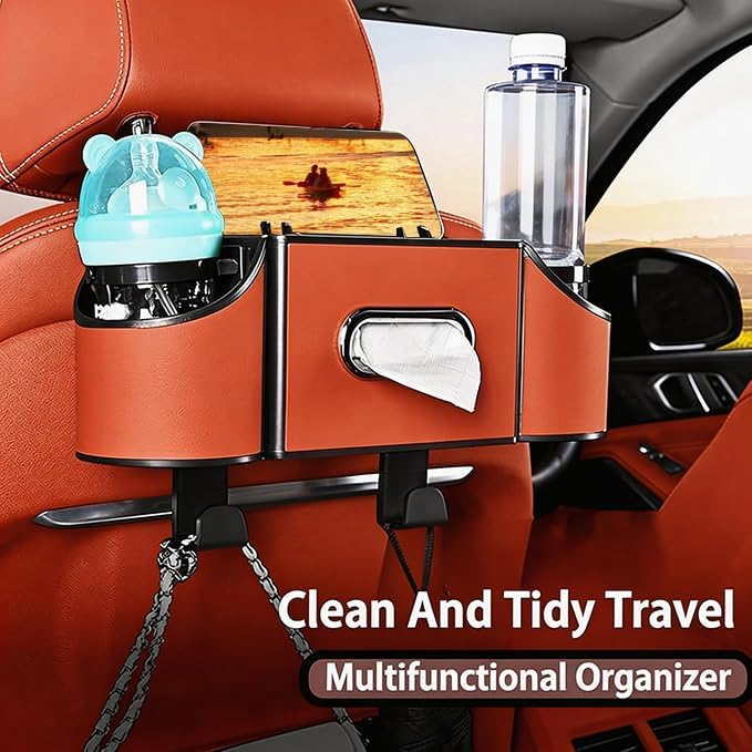 Back Seat Car Organizer,4 in 1 Multifunctional Car Back Seat Storage Box with Drink Cup Holder Tissue Box, for Hold Phone,Snacks, Drinks, Handbag-Orange