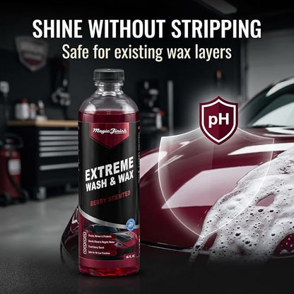 Magic Finish Extreme Berry Car Wash Soap & Wax – Multi-Surface Protective Formula for High-Gloss Shine – Hydrophobic 3-in-1 Formula for Streak-Free Cleaning – 16oz Concentrated Car Soap Wash and Wax