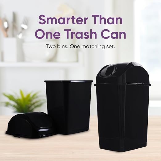 Superio Mini 1.25 Gallon and Small 2.5 Gallon Plastic Trash Cans with Swing Top Lid, Grey Waste Bin for Countertop, Desk, Vanity, Bathroom, 2 Pack (Black)