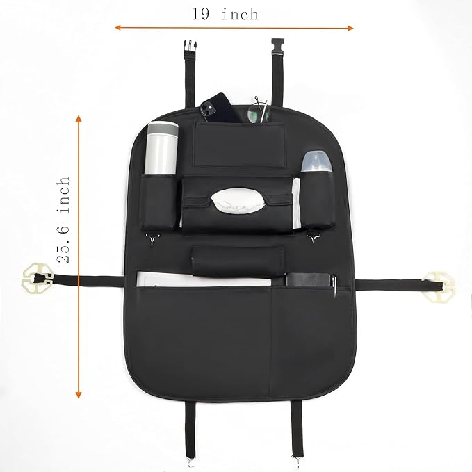 Premium PU Leather Backseat Seat Organizer with Foldable Table, Multi-Storage Pockets and Adjustable Buckle Strap for Automobiles