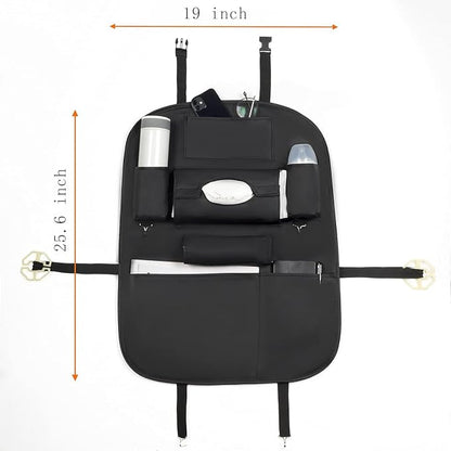 Premium PU Leather Backseat Seat Organizer with Foldable Table, Multi-Storage Pockets and Adjustable Buckle Strap for Automobiles